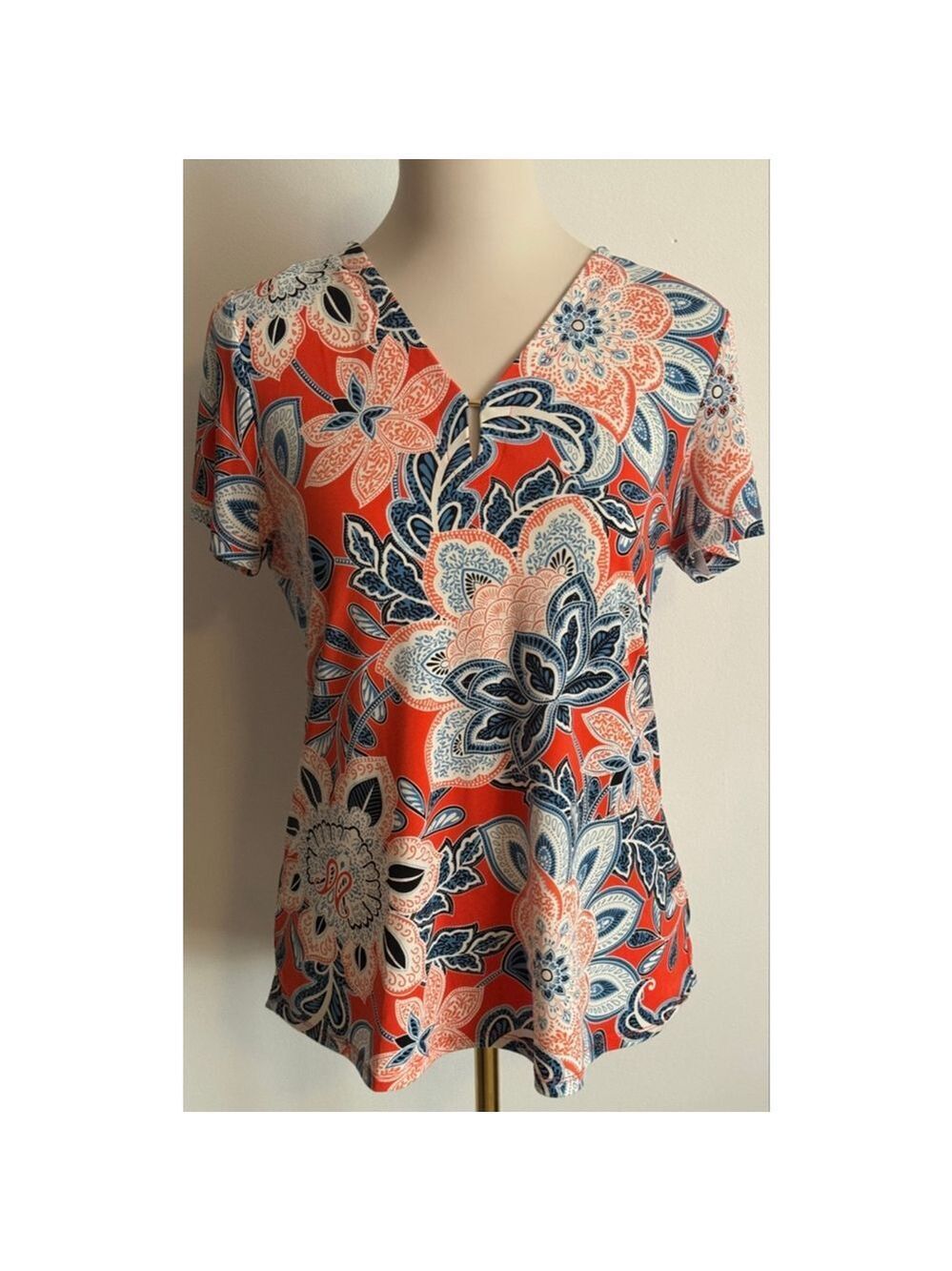 Women's JONES NEW YORK Orange Blue Floral Short Sleeve Tee S